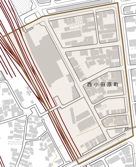 西小田原町とその周辺の地図。町の範囲を重ねている