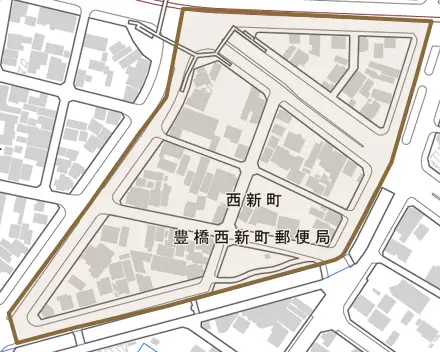 西新町とその周辺の地図。町の範囲を重ねている