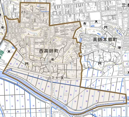 西高師町とその周辺の地図。町の範囲を重ねている