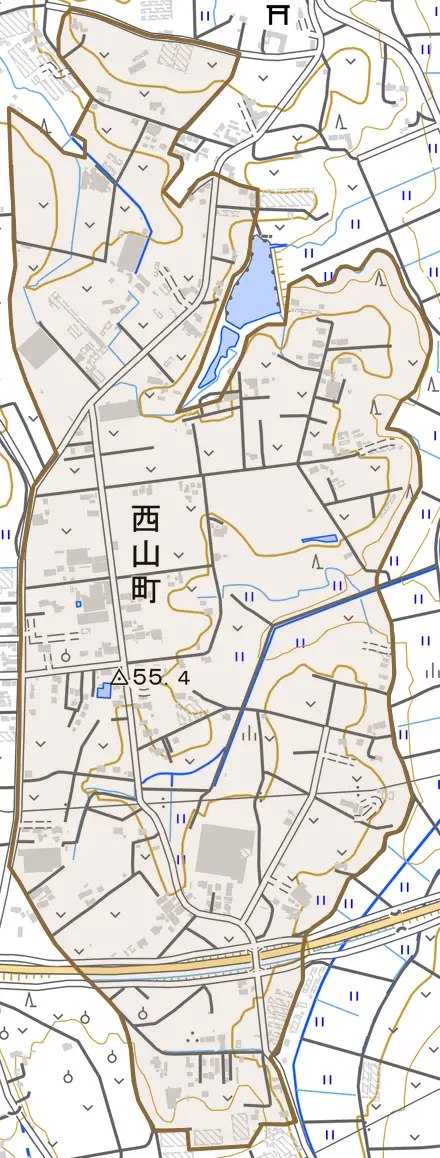 西山町とその周辺の地図。町の範囲を重ねている