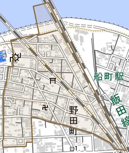 野田町とその周辺の地図。町の範囲を重ねている