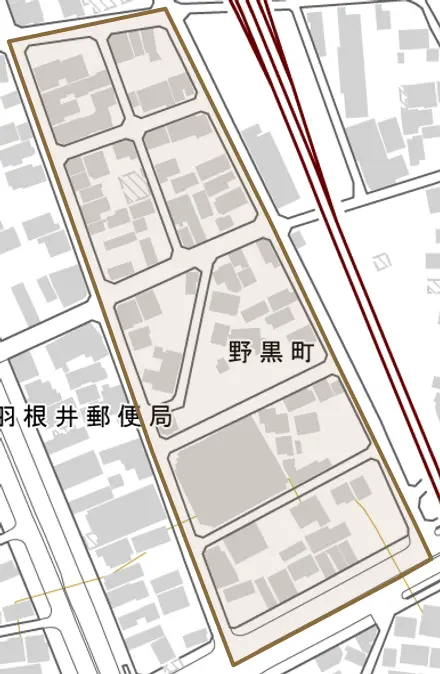 野黒町とその周辺の地図。町の範囲を重ねている