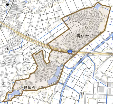 野依台とその周辺の地図。町の範囲を重ねている