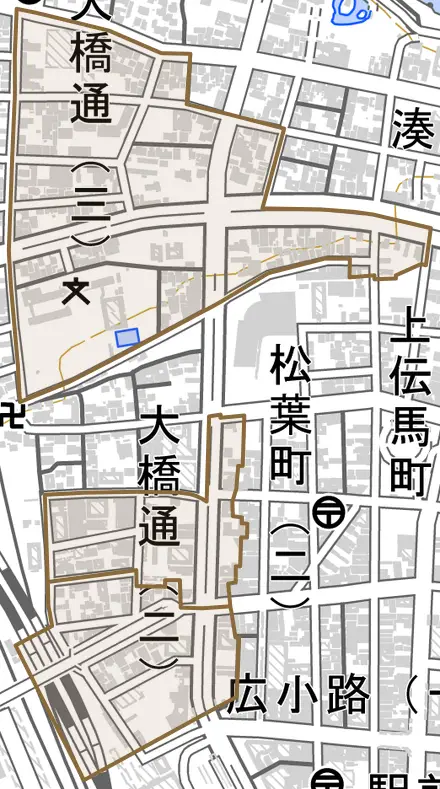 大橋通とその周辺の地図。町の範囲を重ねている
