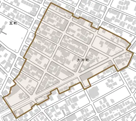 大井町とその周辺の地図。町の範囲を重ねている