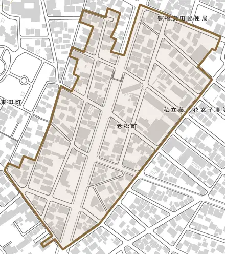 老松町とその周辺の地図。町の範囲を重ねている