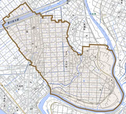 大村町とその周辺の地図。町の範囲を重ねている