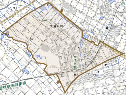 大清水町とその周辺の地図。町の範囲を重ねている
