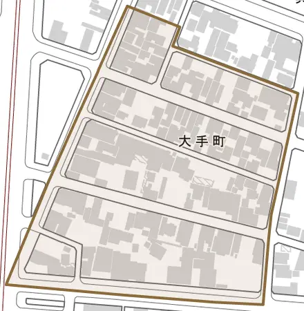 大手町とその周辺の地図。町の範囲を重ねている
