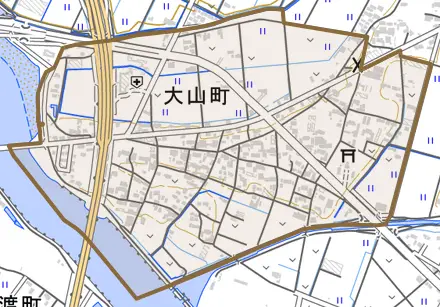 大山町とその周辺の地図。町の範囲を重ねている