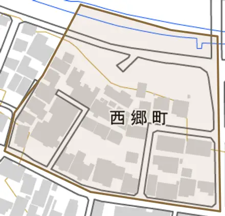 西郷町とその周辺の地図。町の範囲を重ねている