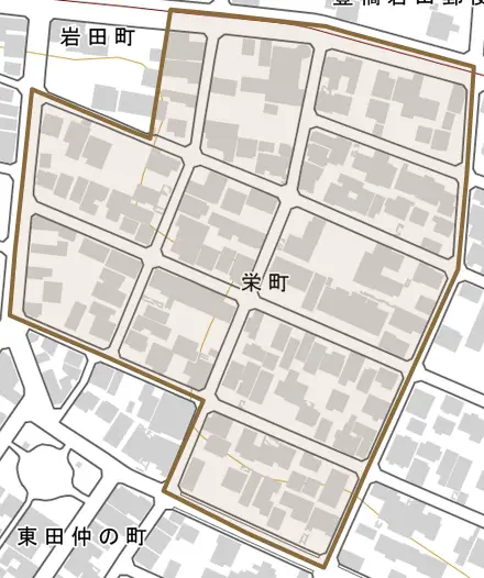 栄町とその周辺の地図。町の範囲を重ねている