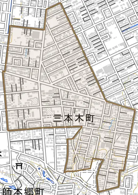 三本木町とその周辺の地図。町の範囲を重ねている