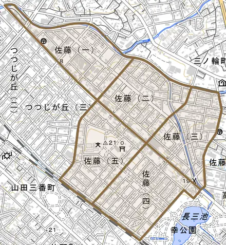 佐藤とその周辺の地図。町の範囲を重ねている