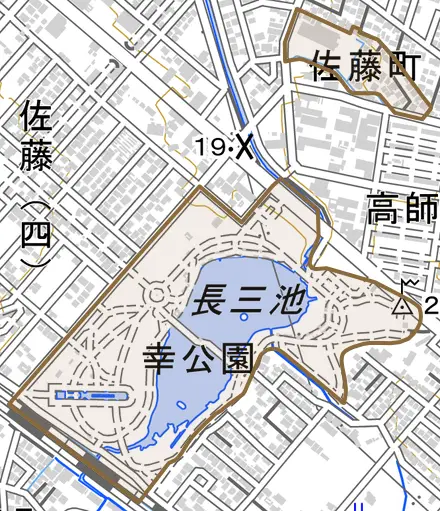 佐藤町とその周辺の地図。町の範囲を重ねている