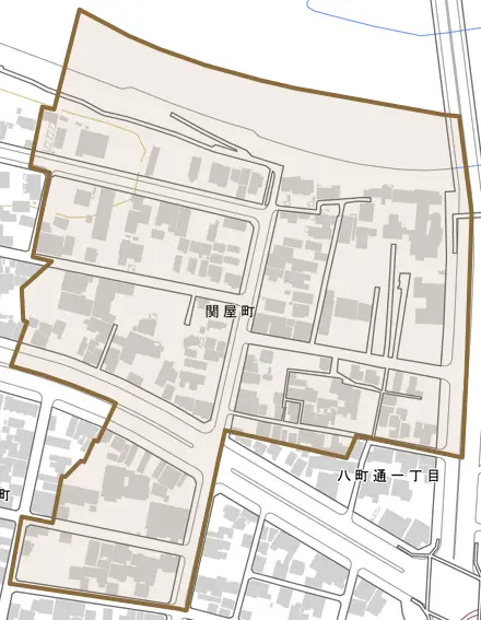 関屋町とその周辺の地図。町の範囲を重ねている