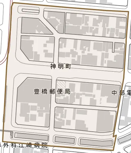 神明町とその周辺の地図。町の範囲を重ねている