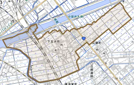 下五井町とその周辺の地図。町の範囲を重ねている
