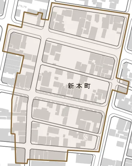 新本町とその周辺の地図。町の範囲を重ねている