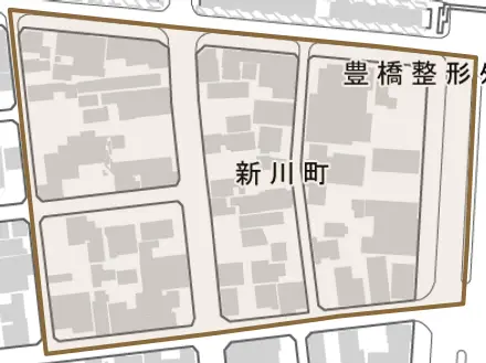 新川町とその周辺の地図。町の範囲を重ねている