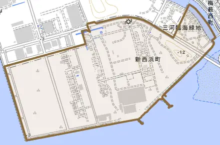 新西浜町とその周辺の地図。町の範囲を重ねている
