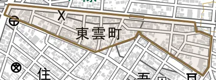 東雲町とその周辺の地図。町の範囲を重ねている