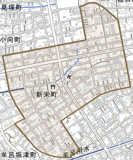 新栄町とその周辺の地図。町の範囲を重ねている