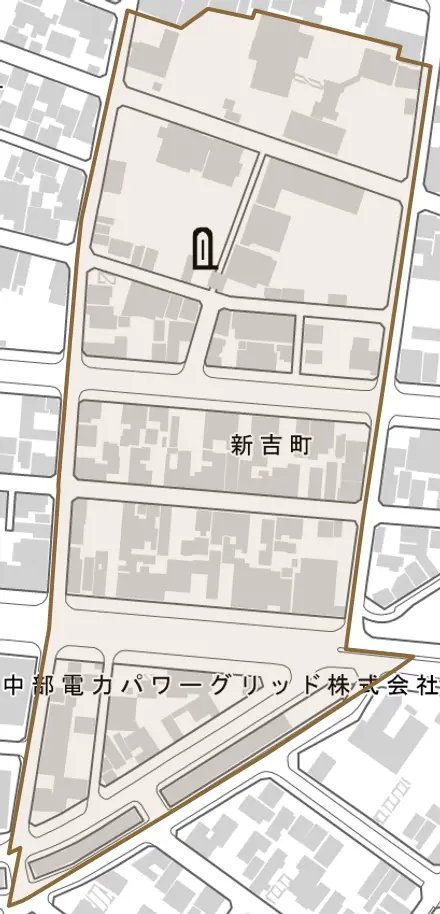 新吉町とその周辺の地図。町の範囲を重ねている