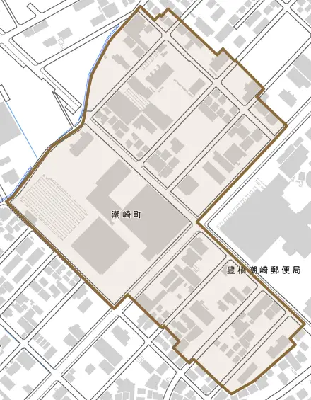 潮崎町とその周辺の地図。町の範囲を重ねている