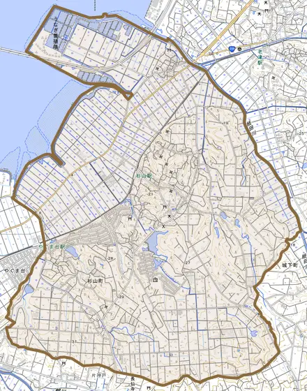 杉山町とその周辺の地図。町の範囲を重ねている
