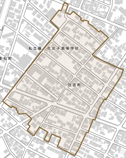 住吉町とその周辺の地図。町の範囲を重ねている