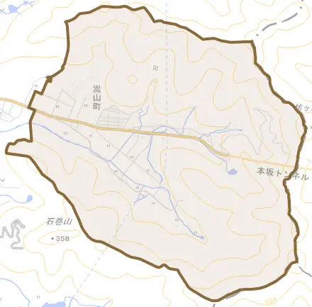 嵩山町とその周辺の地図。町の範囲を重ねている