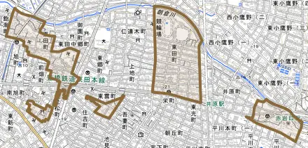 東田町とその周辺の地図。町の範囲を重ねている