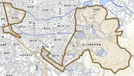 飯村町とその周辺の地図。町の範囲を重ねている