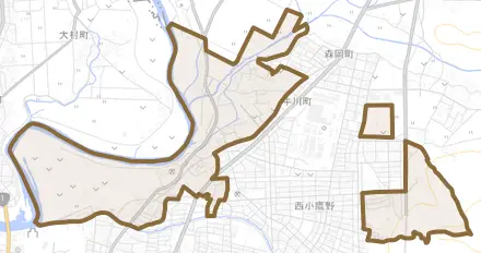 牛川町とその周辺の地図。町の範囲を重ねている