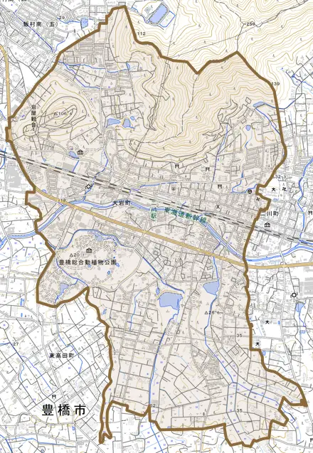 大岩町とその周辺の地図。町の範囲を重ねている