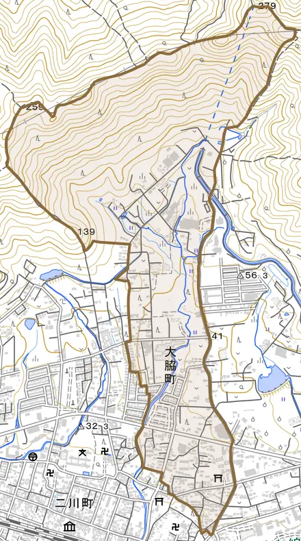 大脇町とその周辺の地図。町の範囲を重ねている