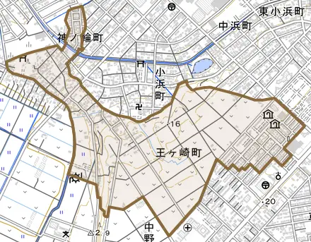 王ヶ崎町とその周辺の地図。町の範囲を重ねている
