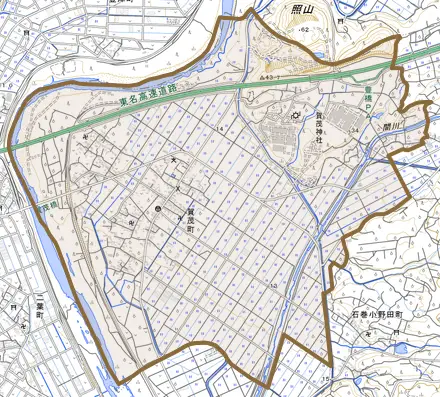 賀茂町とその周辺の地図。町の範囲を重ねている