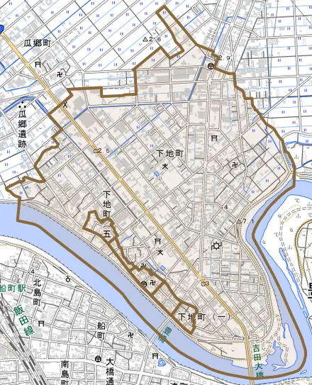 下地町とその周辺の地図。町の範囲を重ねている