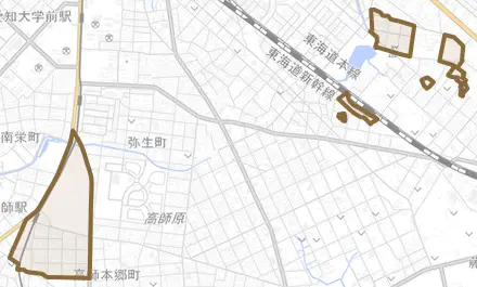 高師町とその周辺の地図。町の範囲を重ねている