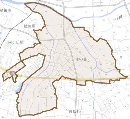野依町とその周辺の地図。町の範囲を重ねている