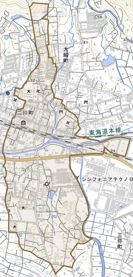 二川町とその周辺の地図。町の範囲を重ねている