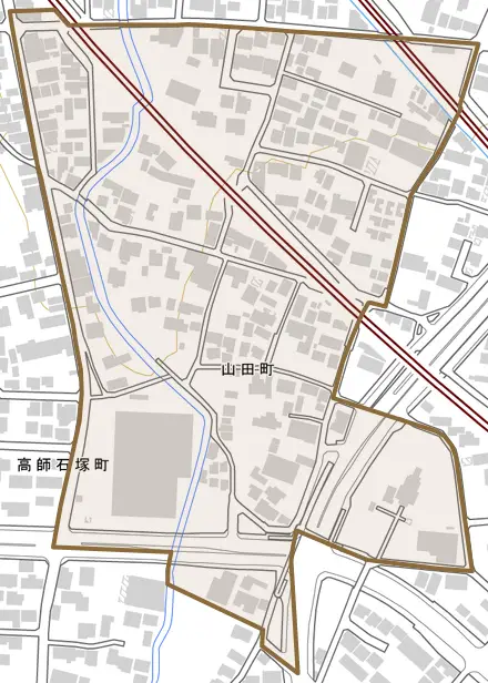 山田町とその周辺の地図。町の範囲を重ねている