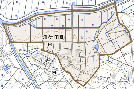 畑ヶ田町とその周辺の地図。町の範囲を重ねている