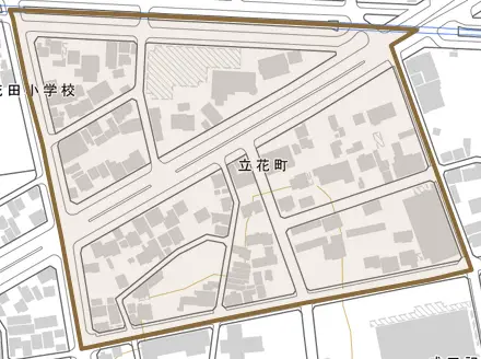 立花町とその周辺の地図。町の範囲を重ねている