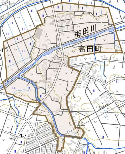 高田町とその周辺の地図。町の範囲を重ねている