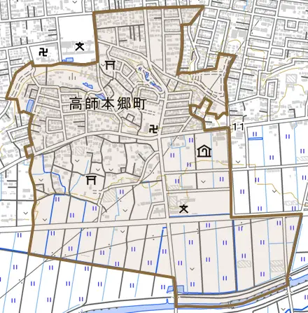 高師本郷町とその周辺の地図。町の範囲を重ねている