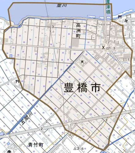 高洲町とその周辺の地図。町の範囲を重ねている