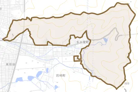 多米町とその周辺の地図。町の範囲を重ねている